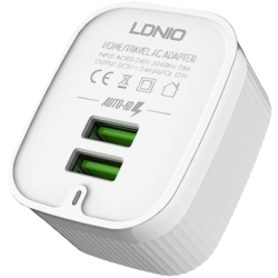 شاحن جداري  منفذين USB من لدينو 2.4 امبير مع تقنية الشحن الذكي - ابيض شاحن جداري  منفذين USB من لدينو 2.4 امبير مع تقنية الشحن الذكي - ابيض
