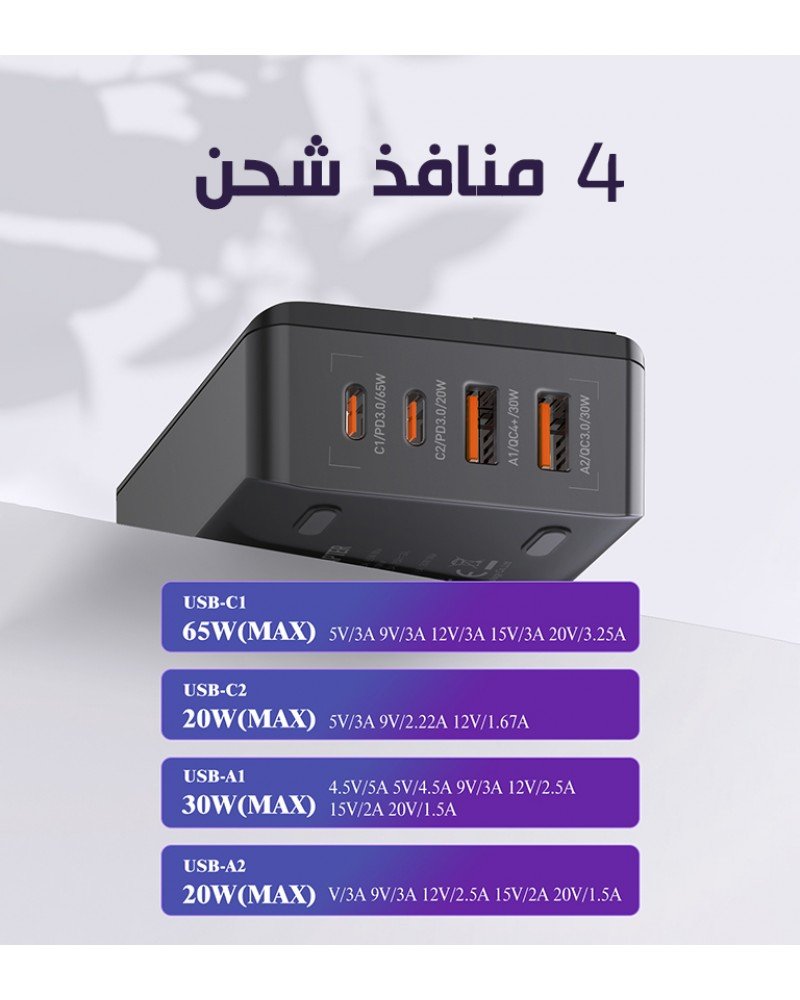 محطة شحن مكتبي فائف السرعة من لدينو A4808Q 65W