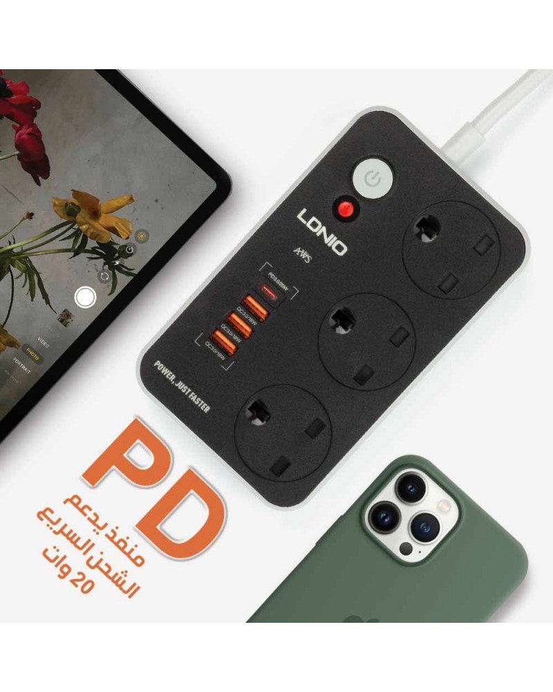 وصلة كهربائية LDNIO مقاس 2 متر مع منفذ PD و 3 مقابس طاقة و3 فتحات USB ,مطابق للمواصفات السعودية و مقاوم للحريق, وصلة كهربائية 3 خيارات مع فتحة شحنUSB C وشحن عبر التوصيل بالطاقة، وصلة كهربائية شديدة التحمل - اسود